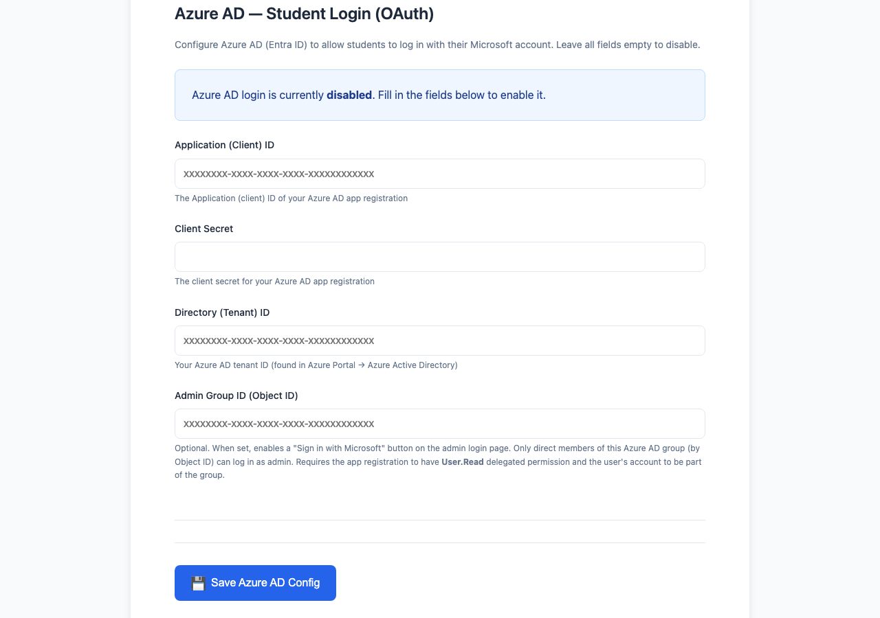 Azure AD configuration form