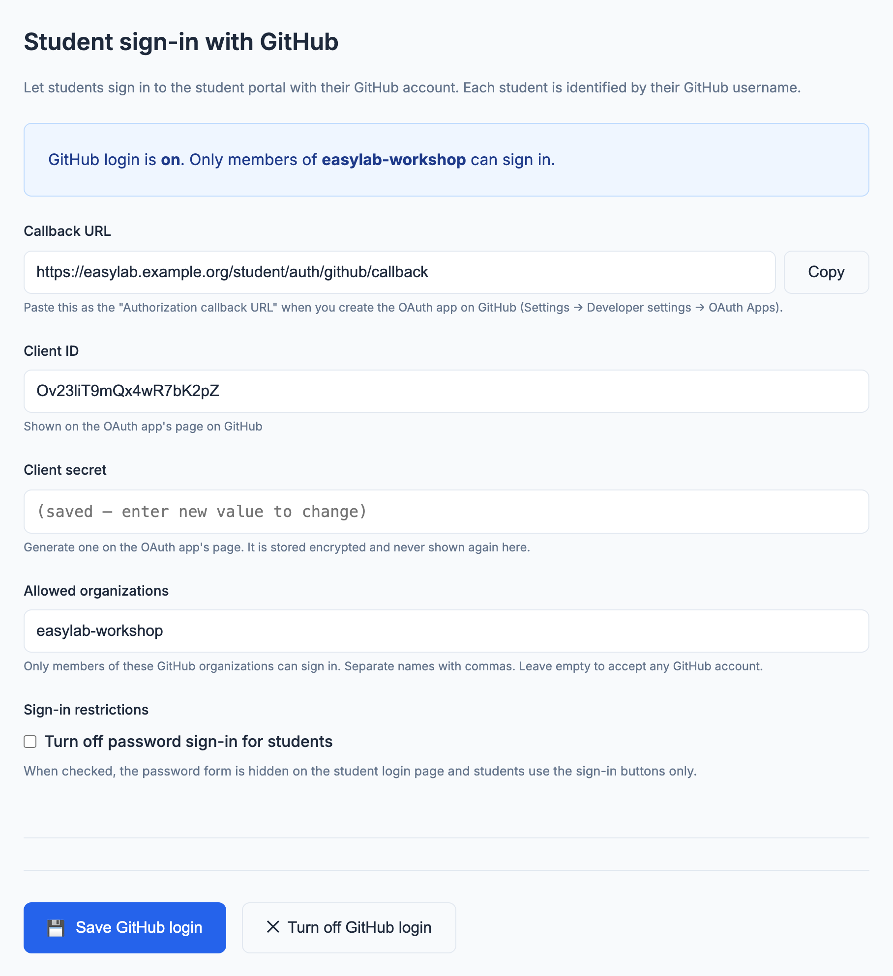 GitHub login settings